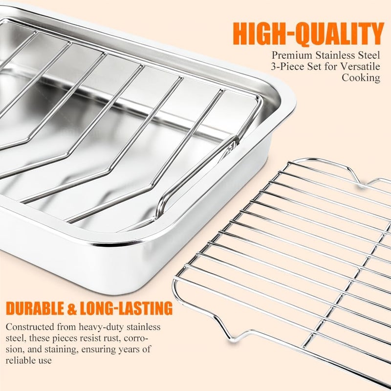 Dallden 15.5 Inch Turkey Roasting Pan with Rack, Thanksgiving Turkey Roaster Rack for Oven Smoker and Grill,Deep Turkey Tray with Baking Rack & Cooling Rack Stainless Steel, Dishwasher Safe - Image 3